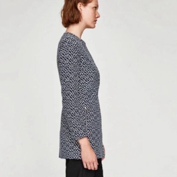 ✨Zara Classic Minimalist Tweed Blue White Zip Up Sz Medium Peacoat✨ - Picture 3 of 10